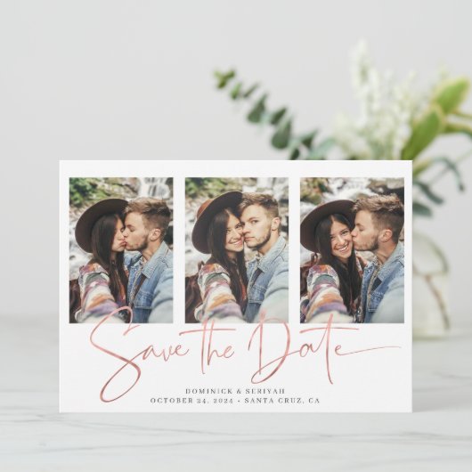 Geometrisch Roos Gold Handgeschreven Opslaan Datum Save The Date (Staand voorkant)