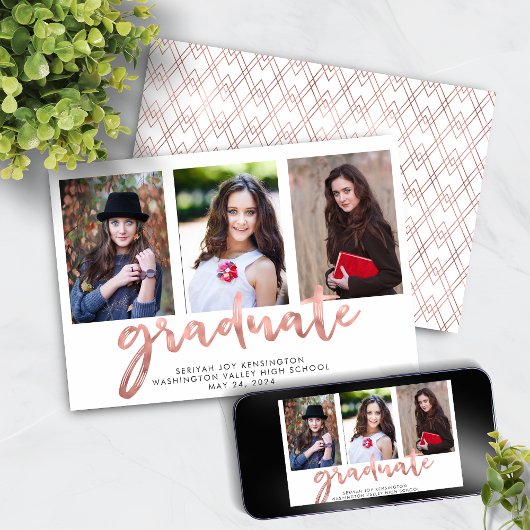 Geometrisch Roos Gold Handwrited Afstuderen Foto Aankondiging