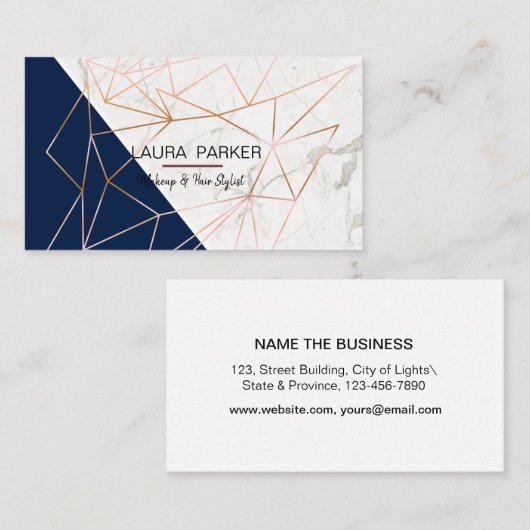 Geometrisch Roos Gold Marble Navy Blue Girly Visitekaartje (Voorkant / Achterkant)