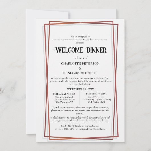 Geometrisch Roos Goud Lijst Repetitie Welkomstdine Kaart (Voorkant)