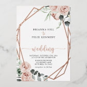 Geometrisch Roos Gouden Bloemen Voor & Achterbruil Folie Uitnodiging (Voorkant)