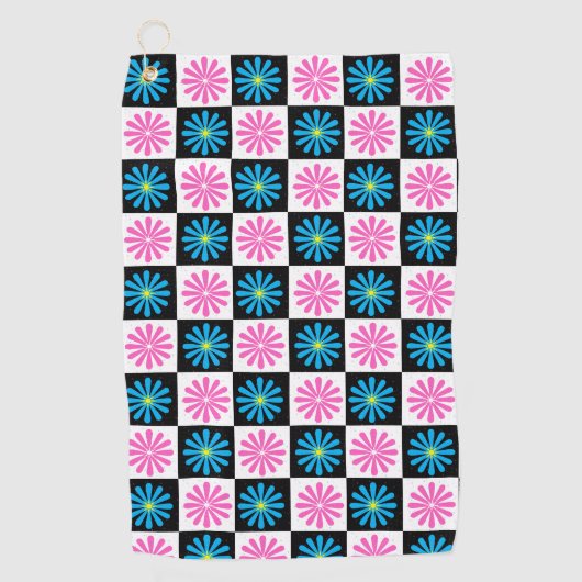 Geometrisch roze blauw bloemenpatroon golfhanddoek (Voorkant)