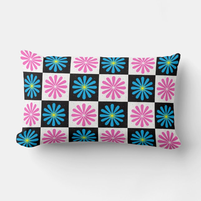 Geometrisch roze blauw bloemenpatroon kussen (Voorkant)
