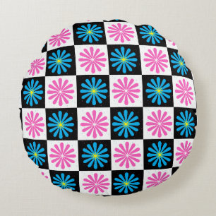 Geometrisch roze blauw bloemenpatroon rond kussen