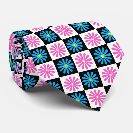 Geometrisch roze blauw bloemenpatroon stropdas (Opgerold)