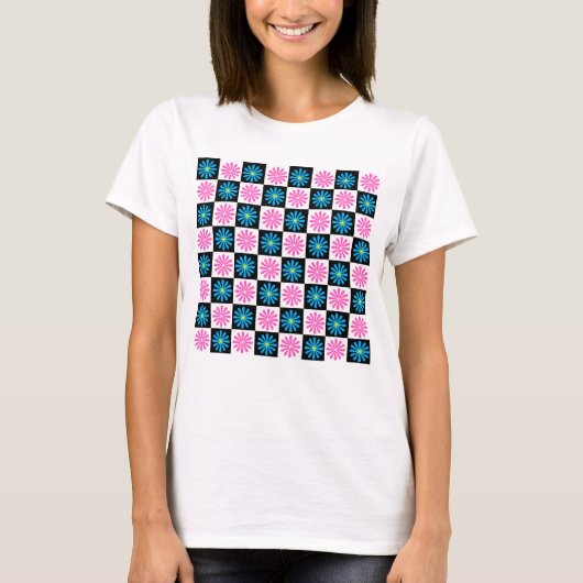 Geometrisch roze blauw bloemenpatroon t-shirt (Voorkant)