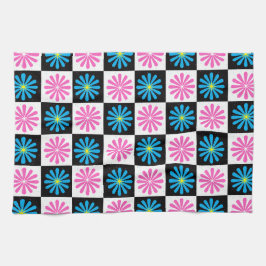 Geometrisch roze blauw bloemenpatroon theedoek
