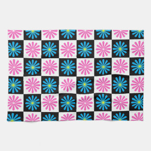 Geometrisch roze blauw bloemenpatroon theedoek