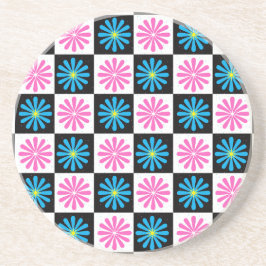 Geometrisch roze blauw bloemenpatroon zandsteen onderzetter