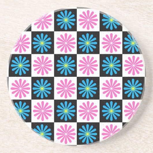 Geometrisch roze blauw bloemenpatroon zandsteen onderzetter (Voorkant)