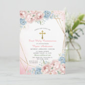 Geometrisch Roze Blauwe Rozen Eerste Heilige Commu Kaart (Staand voorkant)