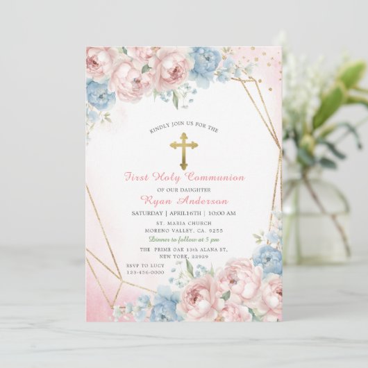 Geometrisch Roze Blauwe Rozen Eerste Heilige Commu Kaart (Staand voorkant)