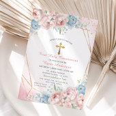 Geometrisch Roze Blauwe Rozen Eerste Heilige Commu Kaart