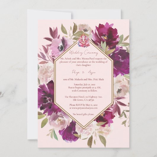 Geometrisch Roze Bloemen Hindu Ganesh Bruiloft Kaart (Voorkant)
