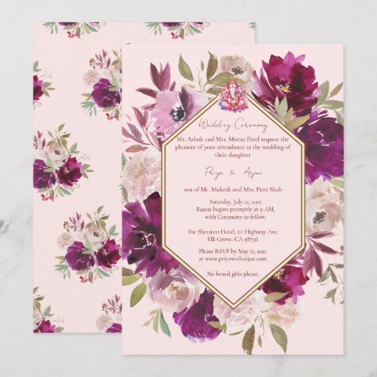 Geometrisch Roze Bloemen Hindu Ganesh Bruiloft Kaart (Voorkant / Achterkant)