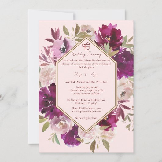 Geometrisch Roze Bloemen Sikh Ik Onkar Bruiloft Kaart (Voorkant)