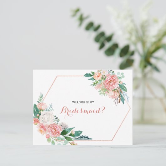 Geometrisch Roze Blush Spring Bloemen Bruidsmeisje Uitnodiging Briefkaart (Staand voorkant)