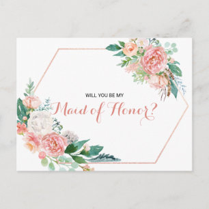 Geometrisch Roze Blush Spring Floral Maid of Honor Uitnodiging Briefkaart