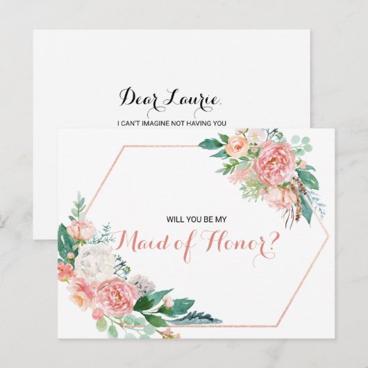 Geometrisch Roze Blush Spring Floral Maid of Honor Uitnodiging Briefkaart (Voorkant / Achterkant)