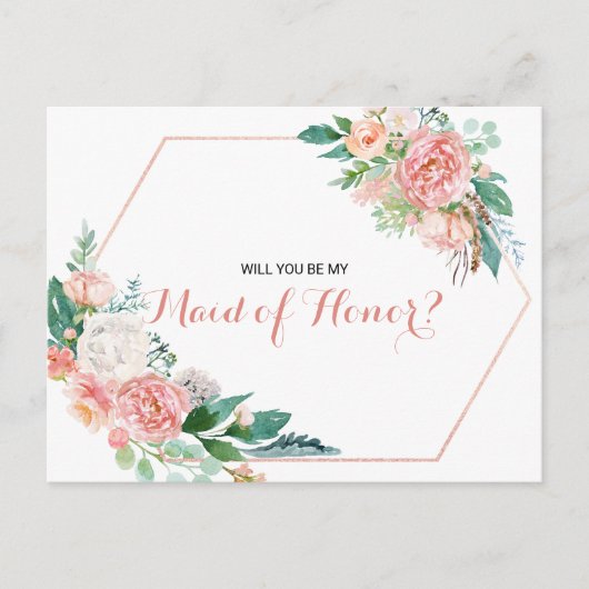 Geometrisch Roze Blush Spring Floral Maid of Honor Uitnodiging Briefkaart (Voorkant)