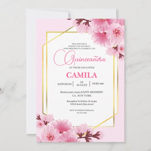 Geometrisch Roze goud Cherry Blossom Quinceañera Kaart (Voorkant)