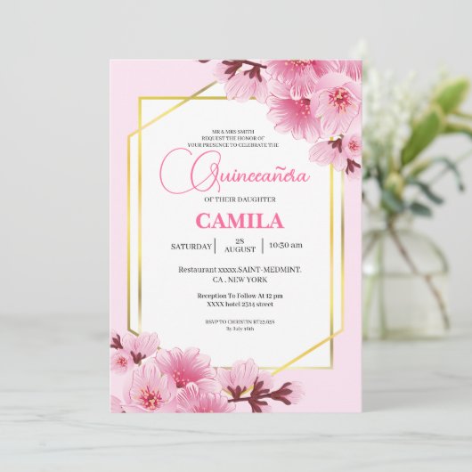 Geometrisch Roze goud Cherry Blossom Quinceañera Kaart (Staand voorkant)