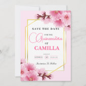 Geometrisch Roze goud Cherry Blossom Quinceañera Save The Date (Voorkant)