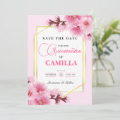 Geometrisch Roze goud Cherry Blossom Quinceañera Save The Date (Staand voorkant)