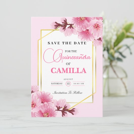 Geometrisch Roze goud Cherry Blossom Quinceañera Save The Date (Staand voorkant)