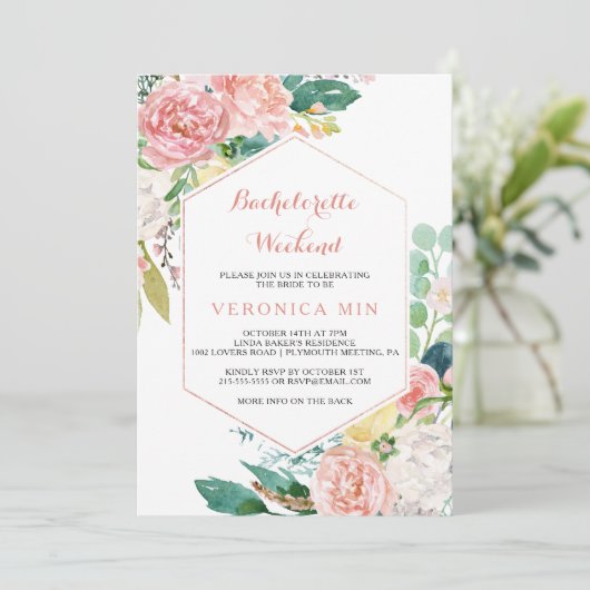 Geometrisch roze lente bloemenvrijgezellenweekend kaart (Staand voorkant)