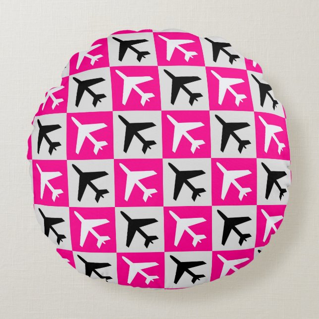 Geometrisch Roze Luchtvaart Jets Vliegtuig Rond Kussen (Voorkant)