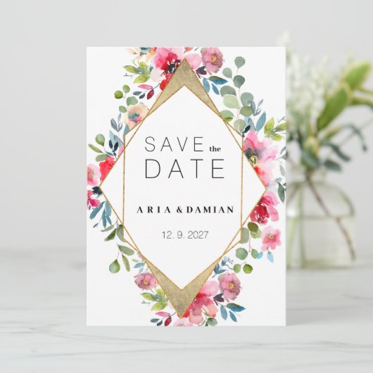 Geometrisch roze munt rood goud bloemenbewaar de d kaart (Staand voorkant)