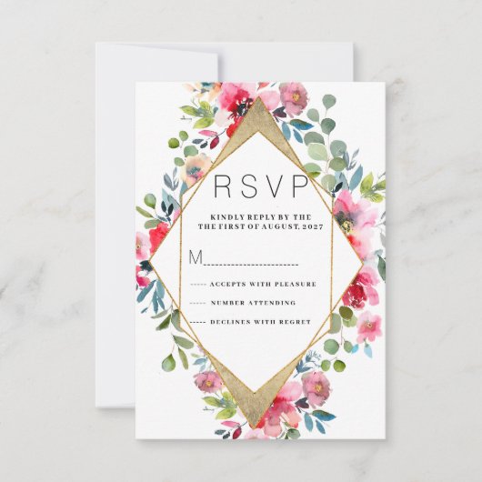 Geometrisch roze munt rood goud bloemenrsvp kaart (Voorkant)