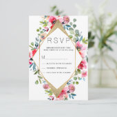 Geometrisch roze munt rood goud bloemenrsvp kaart (Staand voorkant)