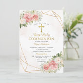 Geometrisch Roze Rozen Eerste Heilige Communie Kaart (Staand voorkant)