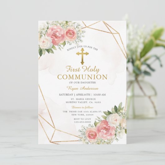 Geometrisch Roze Rozen Eerste Heilige Communie Kaart (Staand voorkant)