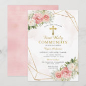 Geometrisch Roze Rozen Eerste Heilige Communie Kaart (Voorkant / Achterkant)