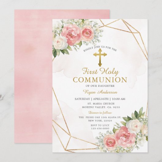 Geometrisch Roze Rozen Eerste Heilige Communie Kaart (Voorkant / Achterkant)