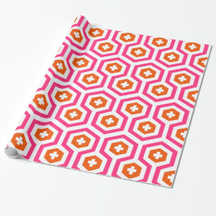 Geometrisch Roze Sinaasappel Zeshoek & Kruispatroo Cadeaupapier