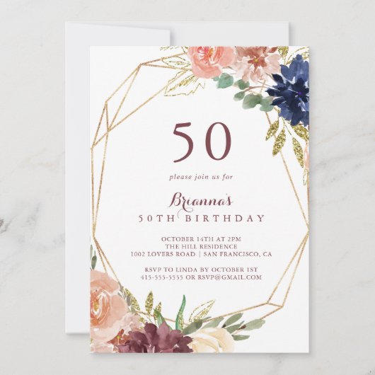 Geometrisch rustiek goud 50ste verjaardagsfeestje kaart (Voorkant)