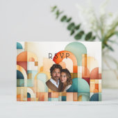 Geometrisch Sinaasappel Blauw Perzik Turquoise Bru RSVP Kaartje (Staand voorkant)