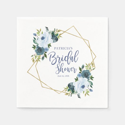 Geometrisch Stoffig Blauw Goud Bloemen Vrijgezelle Servet (Voorkant)