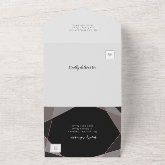 Geometrisch Stoffig Roze Roze Goud Krijtbord All In One Uitnodiging (Buitenkant)