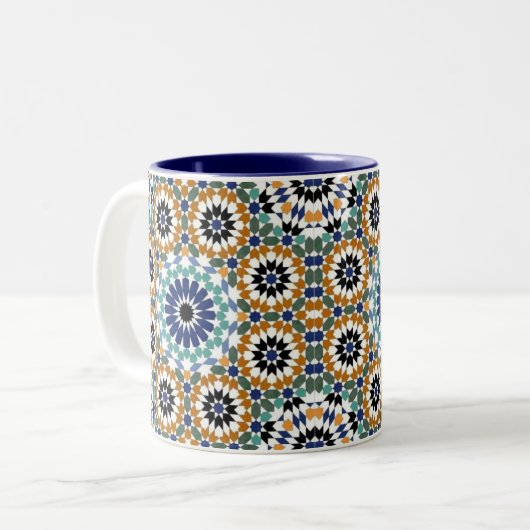 Geometrisch Turks Blauw en Bruin ontwerp Tweekleurige Koffiemok (Voorkant links)