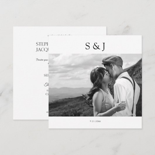 Geometrisch vierkant zwart-wit foto 2 bruiloft kaart (Voorkant / Achterkant)