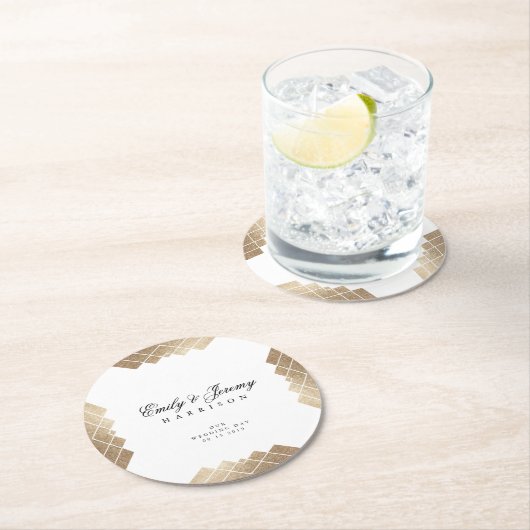 Geometrisch White Gold Gatsby Wedding Table Onderz Ronde Kartonnen Onderzetter (Insitu)