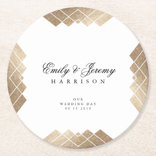 Geometrisch White Gold Gatsby Wedding Table Onderz Ronde Kartonnen Onderzetter (Voorkant)