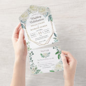 Geometrisch Wijze Groen groen & Witte Rozen Rustie All In One Uitnodiging (Afscheurbaar)
