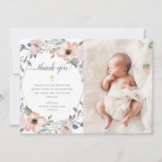 Geometrisch wit en roze Floral | Fotobaptisme Bedankkaart (Voorkant)