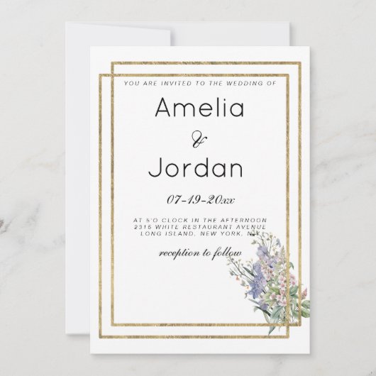 Geometrisch wit goud lavendel roze bloemen bruilof kaart (Voorkant)
